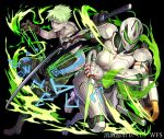  armor boots gloves green_eyes green_hair katana knife magic male ogami robot short_hair sword tattoo techgirl weapon 