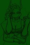  2019 3_fingers 4_arms abdomen anthro arachnid arthropod big_breasts biped breasts business_suit cigarette cigarette_holder cleavage clothed clothing collarbone crossed_arms curvaceous curved_horn digital_drawing_(artwork) digital_media_(artwork) dragon eyebrows eyelashes eyeshadow fangs female front_view green_and_white green_background hair half-length_portrait hi_res holding_hair holding_object hooded_tickspider horn hybrid lace lingerie lips looking_at_viewer madeleine_(mikalxaiver) makeup mature_female midriff mikalxaiver monochrome multi_arm multi_eye multi_limb non-mammal_breasts portrait scar shadow shirt simple_background slit_pupils small_waist smile smoking solo standing suit tank_top tentigo thick_bottom_lip undercut 