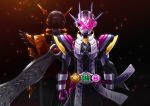  2boys absurdres armor belt bodysuit compound_eyes dual_persona helmet highres horn horns kamen_rider kamen_rider_zi-o kamen_rider_zi-o_(series) kamen_rider_zi-o_ii male_focus mask multiple_boys open_hand otokamu ouma_zi-o pink_eyes rider_belt shiny standing 