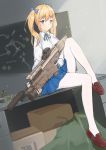  1girl assault_rifle blonde_hair blue_eyes bow chalkboard commentary darcy_(pixiv11949485) dust_particles explosive fn_scar grenade grenade_launcher gun hair_bow highres holding holding_gun holding_weapon loafers orange_hair original pantyhose rifle school_uniform shoes sitting sleeves_past_wrists solo suppressor trigger_discipline twintails underbarrel_grenade_launcher weapon white_legwear 