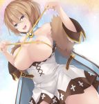  1girl :d absurdres alternate_breast_size areolae armpits bare_shoulders blanc blue_eyes breasts brown_hair bust_measuring coat commentary_request cowboy_shot dress dress_pull fur_trim hands_up highres huge_breasts kana616 leaning_forward looking_at_viewer measuring neptune_(series) nipples open_mouth shin_jigen_game_neptune_vii short_hair smile solo tape_measure upper_teeth white_dress 