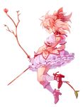  1girl bow bow_(weapon) bubble_skirt choker commentary_request dress frilled_skirt frills full_body gloves hair_bow high_heels holding holding_bow_(weapon) holding_weapon inzup kaname_madoka kneehighs korean_commentary magical_girl mahou_shoujo_madoka_magica pink_dress pink_eyes pink_hair profile puffy_short_sleeves puffy_sleeves red_bow red_footwear red_ribbon ribbon short_hair short_sleeves short_twintails simple_background skirt solo twintails weapon white_background white_gloves white_legwear white_skirt 