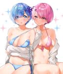  2girls assisted_exposure bare_shoulders bikini blue_bikini blue_eyes blue_hair blush breast_hold breasts cleavage closed_mouth crossed_arms eyes_visible_through_hair front-tie_bikini front-tie_top hair_ornament halterneck highres large_breasts medium_breasts mery_(apfl0515) multiple_girls navel off_shoulder open_mouth pink_bikini pink_eyes pink_hair ram_(re:zero) re:zero_kara_hajimeru_isekai_seikatsu rem_(re:zero) siblings side-tie_bikini sisters sitting smile strap_pull swimsuit untied untied_bikini x_hair_ornament 