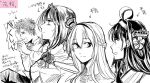  1boy 3girls admiral_(kantai_collection) ahoge ark_royal_(kantai_collection) bob_cut braid commentary_request crown double_bun eyes_closed french_braid hairband headgear jewelry kantai_collection kongou_(kantai_collection) long_hair mini_crown monochrome multiple_girls necklace short_hair signature sneezing spiked_hair tiara translation_request upper_body warspite_(kantai_collection) yamada_rei_(rou) 