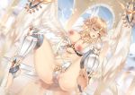  1girl angel barefoot belly blonde_hair blue_eyes blush breast_grab breasts feet female female_only female_solo grabbing groping king&#039;s_raid kinhasu large_breasts legs long_hair looking_at_viewer navel nipples open_mouth panties pointy_ears saliva soles solo spread_legs thighs tied_hair toes tongue tongue_out underwear white_panties white_underwear wings 