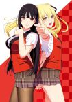  2girls armpit_peek black_hair black_ribbon blonde_hair breasts checkered checkered_background eyebrows_visible_through_hair floating_hair hair_between_eyes hair_ribbon hand_holding highres hime_cut index_finger_raised jabami_yumeko jacket jewelry kakegurui large_breasts long_hair looking_at_viewer medium_breasts multiple_girls nail_polish naomura_tooru official_art open_mouth outstretched_arm pantyhose red_eyes red_nails ribbon ring saotome_meari school_uniform shirt short_sleeves simple_background smile thumb_ring twintails two-tone_background upper_body very_long_hair white_background white_shirt yellow_eyes yellow_nails 