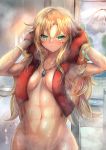  1girl abs bangs bath blonde_hair blush breasts closed_mouth collarbone fate/apocrypha fate_(series) green_eyes hands_in_hair highres jewelry long_hair looking_at_viewer mordred_(fate) mordred_(fate)_(all) navel necklace nude ohako_(ohako1818) parted_bangs small_breasts smile solo steam toned towel wet 