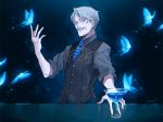  1boy blue_eyes bug butterfly cocktail_glass counter cup drinking_glass facial_hair fate/grand_order fate_(series) grey_hair insect james_moriarty_(fate/grand_order) kaworu_(kaw_lov) male_focus mustache necktie signature vest 