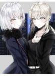 2girls ahoge artoria_pendragon_(all) belt black_jacket black_ribbon blonde_hair blue_jacket breasts cleavage closed_mouth fate/grand_order fate_(series) fur_trim hair_ribbon highres jacket jeanne_d&#039;arc_(alter)_(fate) jeanne_d&#039;arc_(fate)_(all) ka1se1 large_breasts looking_at_viewer medium_breasts medium_hair multiple_girls ribbon saber_alter short_hair silver_hair upper_body wicked_dragon_witch_ver._shinjuku_1999 yellow_eyes 