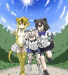  3girls ^_^ african_wild_dog_(kemono_friends) african_wild_dog_print animal_ear_fluff animal_ears animal_print annoyed arms_behind_back bear_ears bike_shorts black_footwear black_hair black_skirt blue_sky bodystocking boots bow bowtie breast_pocket brown_bear_(kemono_friends) circlet closed_eyes closed_mouth commentary_request cutoffs day dog_ears dog_tail elbow_gloves eyebrows_visible_through_hair eyes_closed fingerless_gloves friends full_body gloves golden_snub-nosed_monkey_(kemono_friends) green_eyes grey_eyes grey_hair hair_between_eyes hand_on_another&#039;s_head hand_on_own_arm hands_up hane_(kirschbaum) happy high_ponytail kemono_friends leaning_forward leotard long_hair long_sleeves looking_at_another medium_hair monkey_ears monkey_tail multicolored_hair multiple_girls one_eye_closed open_mouth outdoors petting pocket print_legwear print_sleeves running shirt shoes short_over_long_sleeves short_sleeves shorts shorts_under_skirt skirt sky smile spread_fingers sun tail thighhighs two-tone_hair v-shaped_eyebrows walking white_footwear white_hair white_shirt yellow_footwear yellow_gloves yellow_legwear 