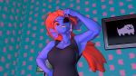  3d_(artwork) annoying_dog_(undertale) blue_skin clothed clothing digital_media_(artwork) eye_patch eyewear female flirting hair hi_res humanoid lamp looking_at_viewer portrait pose red_hair sharp_teeth smile solo teeth thenaysayer34 undertale undyne video_games yellow_eyes 