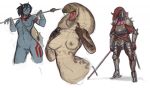  anthro arbuzbudesh armor black_hair blood breasts fangs female forked_tongue hair helmet horn humanoid knight melee_weapon multiple_images naga polearm pussy reptile scalie snake solo spear sword tongue unknown_species weapon 