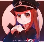  1girl armband artist_name hat interlocked_fingers karakai&iexcl;_jouzu_no_takagi-san long_hair looking_at_viewer military military_uniform nazi necktie peaked_cap sachiko_shirayuki_(artist) smile solo takagi uniform 