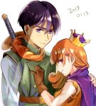  1boy 1girl alena_(dq4) breasts cape clift closed_mouth commentary_request crown curly_hair dragon_quest dragon_quest_iv gloves long_hair looking_at_viewer orange_hair red_eyes simple_background sword weapon white_background 