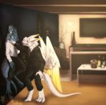  alcohol anthro beverage cannibalistic_tendencies claws clothed clothing digital_media_(artwork) dragon feathers fur furred_dragon green_eyes hair hi_res horn illarion_(character) inside kaspar_(character) male signature suit teeth toe_claws white_fur wine wings yellow_eyes 