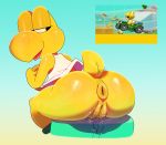  absurd_res anus beak bent_over big_eyes black_eyes bottomless butt clothed clothing female footwear half-closed_eyes hi_res koopa_troopa light_skin mario_bros nintendo no_iris pink_tongue presenting presenting_anus presenting_hindquarters presenting_pussy puffy_anus pussy raised_tail rear_view reptile scalie shirt shoes short_tail sitting smile solo somescrub tongue tongue_out turtle video_games wet white_clothing yellow_skin 