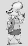 2019 absurd_res anthro barefoot bluedouble bovid caprine cigarette clothed clothing dawn_bellwether disney female grey_background greyscale hi_res lighter mammal monochrome sheep signature simple_background smoking solo standing wool zootopia 