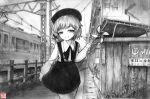  1girl absurdres artist_logo artist_name beret building collared_shirt commentary day fence flower graphite_(medium) greyscale grin ground_vehicle half-closed_eyes hat hatoba_tsugu hatoba_tsugu_(character) head_tilt high-waist_skirt highres holding looking_at_viewer miniskirt mole mole_under_eye monochrome neck_ribbon outdoors pinwheel power_lines ribbon sekirei_tessar shirt short_hair skirt skirt_hold smile solo suspender_skirt suspenders traditional_media train wooden_fence 