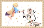  2girls ahoge animal_ears bandeau bangs blonde_hair blue_eyes blush cat_teaser chains couple frame gem gloves green_eyes hair_ornament hair_ribbon highres hina_logi_-_from_luck_&amp;_logic kinaginagi liones_yelistratova long_hair looking_at_another looking_down looking_up midriff multiple_girls navel nina_alexandrovna no_shoes open_mouth paw_gloves paw_print paws ribbon short_shorts shorts silver_hair single_thighhigh sitting socks tail tail_wagging thighhighs twintails wariza white_legwear white_shorts yuri 