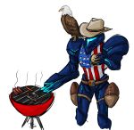  american_flag arm_cannon bald_eagle bird cowboy_hat cryophase dark_samus eagle food football_(object) hamburger hat highres metroid nintendo ribs_(food) spatula weapon 