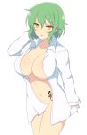  1girl absurdres blush body_blush breasts cleavage collarbone commentary_request convenient_censoring cowboy_shot expressionless green_hair hair_between_eyes hand_behind_head highres hikage_(senran_kagura) ichiryuu_tsumiki large_breasts naked_shirt navel open_clothes open_shirt parted_lips senran_kagura shiny shiny_skin shirt short_hair sidelocks simple_background slit_pupils solo stomach tattoo tsurime white_background yellow_eyes 
