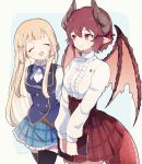  2girls :d ^_^ anne_(shingeki_no_bahamut) bangs blonde_hair blue_background blue_skirt blue_vest blush book breasts brown_hair brown_wings captain_yue center_frills closed_eyes closed_mouth dragon_girl dragon_horns dragon_tail dragon_wings eyebrows_visible_through_hair eyes_closed frills granblue_fantasy grea_(shingeki_no_bahamut) green_background hair_between_eyes hands_together highres holding holding_book horns long_hair long_sleeves manaria_friends medium_breasts multiple_girls open_mouth own_hands_together plaid plaid_skirt pleated_skirt red_eyes red_skirt shingeki_no_bahamut shirt skirt smile tail twitter_username two-tone_background very_long_hair vest white_shirt wings 