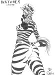  2018 anthro big_butt breasts butt digital_media_(artwork) english_text equid equine female fur hair jelly_shades looking_at_viewer looking_back mammal monochrome nipples nude simple_background smile solo standing text thick_thighs thumbs_up zebra 