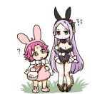  2girls alternate_costume animal_ears artist_name breasts bunny_ears cape cleavage closed_mouth fa facial_mark fake_animal_ears fire_emblem fire_emblem:_fuuin_no_tsurugi fire_emblem_heroes forehead_mark grass green_eyes heterochromia idoun large_breasts leotard long_hair mamkute multiple_girls nintendo open_mouth pointy_ears purple_eyes purple_hair short_hair simple_background sksk7r standing white_background 