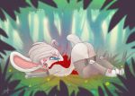  absurd_res anthro ass_up bonk butt clothed clothing english_text female flat_chested forest hi_res lagomorph legwear little_red_riding_hood little_red_riding_hood_(copyright) looking_back mammal open_mouth pussy rabbit solo text thigh_highs tongue tongue_out tree 