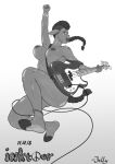  action_pose anthro barefoot bass_guitar biped bovid braided_hair breasts butt canid caprine clothing dark_skin digital_drawing_(artwork) digital_media_(artwork) ear_piercing english_text female full-length_portrait guitar hair holding_musical_instrument holding_object hooves instrument jelly_shades jewelry jumping long_hair looking_at_viewer mammal monochrome musical_instrument nipples nude open_mouth piercing playing_guitar playing_music portrait pose sheep shirt simple_background smile solo suspended_in_midair tattoo text thick_thighs white_background 