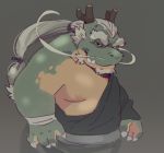  anthro claws clothing dragon eastern_dragon flesh_whiskers garouzuki hair horn kemono long_hair looking_at_viewer male mature_male nipples scalie slightly_chubby smile smirk solo 