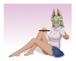  1girl absurdres alternate_costume bare_legs barefoot breasts casual cheese commentary commission crown dakkalot dark_skin english_commentary feet fire_emblem fire_emblem_heroes food green_hair hair_ornament highres holding holding_food laegjarn_(fire_emblem_heroes) legs lips lipstick looking_at_viewer makeup medium_breasts nintendo red_eyes short_hair simple_background sitting skirt smile solo sweater turtleneck turtleneck_sweater 