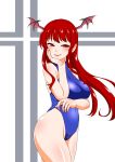  1girl alternate_costume bat_wings blue_swimsuit blush breasts chin_rest covered_navel cowboy_shot cross eyebrows_visible_through_hair half-closed_eyes hand_on_own_chin head_wings highres koakuma large_breasts lips long_hair looking_at_viewer one-piece_swimsuit red_eyes red_hair shiraue_yuu simple_background slit_pupils smile solo swimsuit touhou white_background wings 