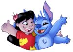  2016 4_arms 4_fingers 5_fingers alien antennae black_eyes black_hair blue_fur blue_nose chest_tuft claws clothed clothing digital_drawing_(artwork) digital_media_(artwork) disney duo experiment_(species) flower flower_in_hair fur hair head_tuft hibiscus human itsaaudraw lilo_and_stitch lilo_pelekai long_hair mammal multi_arm multi_limb muumuu notched_ear one_eye_closed open_mouth open_smile plant simple_background smile stitch tuft white_background 