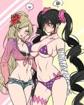  2girls alternate_costume alternate_hairstyle angry bandage bandaged_arm bandages bangs bikini bikini_under_clothes black_hair blonde_hair blush breasts butterfly_ornament choker cleavage cosplay costume_switch flower green_eyes hair_flower hair_ornament heart highres legband long_hair magilou_(tales) multiple_girls pink_choker pink_shirt pointy_ears ponytail shirt short_shorts shorts smile speech_bubble swimsuit swimwear tales_of_(series) tales_of_berseria tied_hair tied_shirt tusia twintails underboob velvet_crowe very_long_hair yellow_eyes 