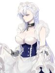  1girl apron azur_lane bangs belfast_(azur_lane) braid breasts chains cleavage collar collarbone corset eyebrows_visible_through_hair french_braid frilled_apron frilled_gloves frills gloves large_breasts maid maid_apron maid_headdress silver_hair solo waist_apron white_apron white_gloves white_hair 