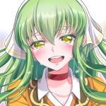  1girl :d aoi_(kiyokiyoaomushi) blush c.c. choker code_geass collarbone floating_hair green_hair head_tilt long_hair looking_at_viewer open_mouth portrait smile solo tears yellow_eyes 