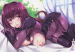  1girl bed between_breasts blush bodysuit breasts breasts_outside clock covered_navel cum cum_on_body cum_on_breasts cum_on_upper_body curtains day erect_nipples fate/grand_order fate_(series) garter_straps hair_intakes highres impossible_clothes indoors large_breasts long_hair looking_at_viewer mizuhara_yuu nipples on_bed page_number parted_lips pillow purple_bodysuit purple_eyes purple_hair rip@lip scan scathach_(fate)_(all) scathach_(fate/grand_order) solo thighhighs torn_bodysuit torn_clothes tree 