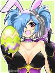  1girl alternate_costume animal_ears black_gloves blue_hair breasts bunny_ears choker cleavage easter_egg egg fake_animal_ears fang fire_emblem fire_emblem_heroes fire_emblem_if frilled_choker frills gloves gradient_hair hair_over_one_eye holding index_finger_raised multicolored_hair nintendo open_mouth pieri_(fire_emblem_if) pink_hair red_eyes solo twintails twitter_username upper_body yukia_(firstaid0) 