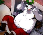 4_fingers anthro bag belly black_nose blue_eyes blush boots christmas clothed clothing detailed_background fangs fireplace footwear fur holidays inside male mammal mistletoe navel nipples on_ground open_mouth overweight overweight_male pants plant shoes solo teeth tongue tongue_out topless vu06 white_fur 
