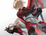  2boys artist_name black_gloves blonde_hair blood bloody_weapon blue_eyes cape dylan_the_island_king ethan_the_exiled_hero facial_hair fighting_stance frown glint gloves grey_cape holding holding_sword holding_weapon long_sleeves male_focus multiple_boys pixiv_fantasia_last_saga psyche_(arcadia) red_cape standing stubble surprised sword weapon 