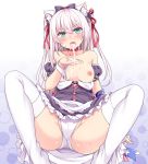  1girl american_flag american_flag_print animal_ears apron arm_support azur_lane bare_shoulders black_bow black_dress blue_eyes blush bow breasts cat_ears cat_girl cat_hair_ornament choker commentary_request cum cum_in_mouth cum_on_body cum_on_breasts cum_on_hair cum_on_upper_body dress eyebrows_visible_through_hair facial flag_print frilled_apron frills full_body hair_between_eyes hair_bow hair_ornament hammann_(azur_lane) hasu_(hk_works) hetero legs_apart long_hair looking_at_viewer maid_headdress nipples no_bra open_eyes open_mouth panties pantyshot pantyshot_(sitting) puffy_short_sleeves puffy_sleeves red_choker red_ribbon remodel_(azur_lane) ribbon short_sleeves silver_hair simple_background sitting small_breasts solo_focus spread_legs strapless strapless_dress sweat thighhighs underwear waist_apron white_apron white_background white_legwear white_panties wrist_cuffs 
