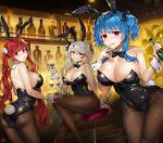  3girls ahoge animal_ears azur_lane back bangs bar bare_shoulders black_leotard blue_hair blush bottle bow bowtie breasts bunny_ears bunny_tail cleavage closed_mouth collarbone cup detached_collar drinking_glass gijang honolulu_(azur_lane) large_breasts leotard licking_lips liquor long_hair looking_at_viewer multicolored_hair multiple_girls open_mouth pantyhose prinz_eugen_(azur_lane) purple_eyes red_eyes red_hair silver_hair sitting smile st._louis_(azur_lane) streaked_hair swept_bangs tail tongue tongue_out twintails two_side_up very_long_hair wrist_cuffs 