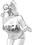  anthro big_breasts black_and_white breasts cat_pepper cleavage clothed clothing english_text eyes_closed female giraffe giraffid hair huge_breasts kemono long_hair mammal mega_milk monochrome shirt shorts simple_background solo sweat text white_background 