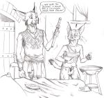  ! 0laffson 2019 anthro blush caracal caracal_(genus) clothed clothing cucumber dagger duo ear_piercing english_text felid feline female food fur hi_res male mammal medieval melee_weapon nasir_(0laffson) piercing shadi_(0laffson) text traditional_media_(artwork) vegetable weapon 