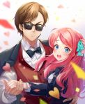  1boy 1girl black-framed_eyewear black_neckwear blue_eyes blush bow brown_hair dress_shirt frown hair_bow hand_holding highres jacket long_hair long_sleeves looking_at_viewer mikmix minamoto_sakura open_clothes open_jacket open_mouth pink_hair polka_dot polka_dot_bow shiny shiny_hair shirt standing sunglasses tatsumi_koutarou twitter_username v-shaped_eyebrows very_long_hair white_shirt zombie_land_saga 