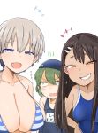  3girls blue_swimsuit breast_envy breasts brown_eyes crossover fang hair_ornament hairclip igarashi_futaba_(shiromanta) ijiranaide_nagatoro-san large_breasts long_hair multiple_girls nagatoro name_tag one-piece_swimsuit ro_(aahnn) school_swimsuit senpai_ga_uzai_kouhai_no_hanashi smug swimsuit uzaki-chan_wa_asobitai! uzaki_tsuki 