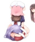  4girls ahoge animal_ears ass bangs bloomers blue_dress blunt_bangs brown_hair bunny_ears bunny_tail commentary_request covered_face dress finger_to_mouth grabbing group_hug head_hug houraisan_kaguya hug inaba_tewi lap_pillow long_hair looking_at_another lying multicolored multicolored_clothes multicolored_dress multiple_girls pink_shirt puffy_short_sleeves puffy_sleeves purple_hair red_dress reisen_udongein_inaba seiza shadow shirosato shirt short_hair short_sleeves simple_background sitting tail thighs touhou underwear upside-down very_long_hair white_background white_bloomers yagokoro_eirin |_| 