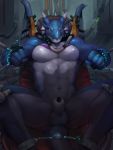  2017 5_fingers animal_genitalia anthro balls blush hi_res horn male muscular muscular_male pecs penis scalie sheath solo vu06 