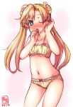  1girl abukuma_(kantai_collection) artist_logo blonde_hair blue_eyes blush bra breasts cinderella_bust collarbone commentary_request cowboy_shot dated double_bun eyebrows_visible_through_hair hair_between_eyes hair_rings heart heart-shaped_pupils highres kanon_(kurogane_knights) kantai_collection lingerie long_hair looking_at_viewer navel one_eye_closed panties sexually_suggestive signature simple_background small_breasts solo standing sweatdrop symbol-shaped_pupils underwear underwear_only white_background yellow_bra yellow_panties 